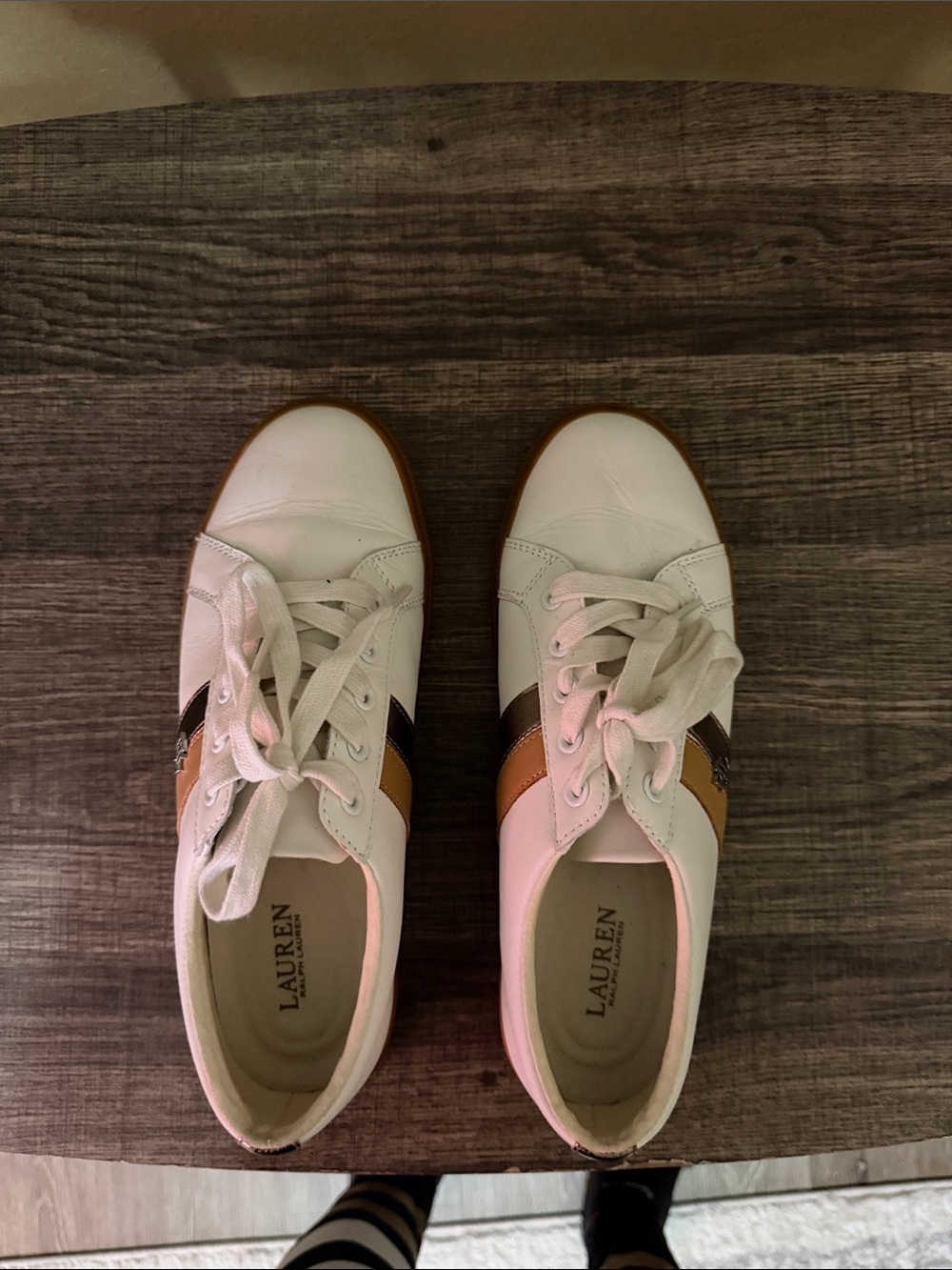 Lauren Ralph Lauren White Leather Sneakers with Brown & Black Accent Stripes